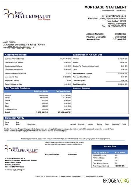 Modèle Word et PDF de relevé hypothécaire de la Banque indonésienne Maluku Malut